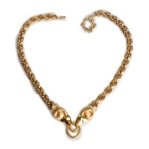 Kenneth J Lane Necklace Ram Heads Rhinestones Gold Metal Chunky Chain 80s KJL